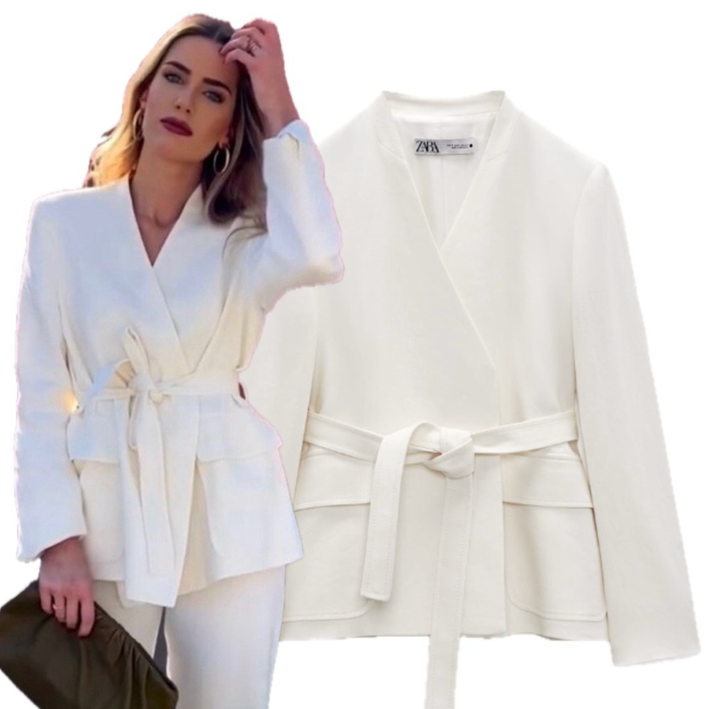 Zara White Oyster Linen Blend Minimalist Belted Utility Jacket